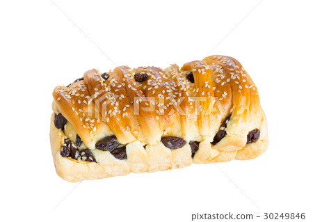 white sesami and raisins bread on white wood white sesami and raisins bread on white wood 30249846