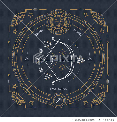 Vintage thin line Sagittarius zodiac sign label. 30255235