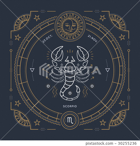 Vintage thin line Scorpio zodiac sign label. 30255236