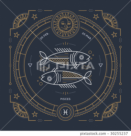 Vintage thin line Pisces zodiac sign label. 30255237