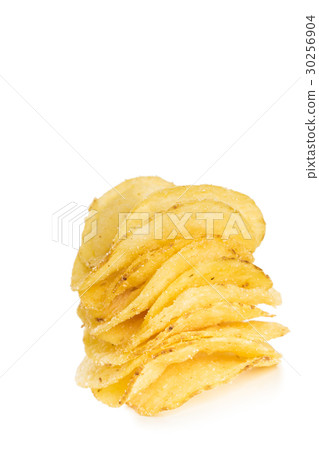 stack of crispy potato chips isolated on white 30256904