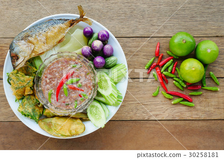 Fried mackerel with shrimp paste sauce Fried mackerel with shrimp paste sauce 30258181
