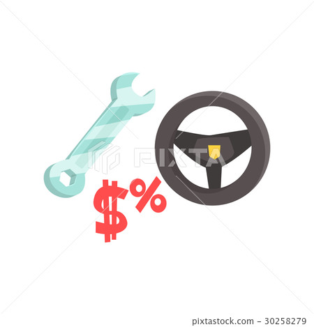 Black steering wheel and spanner. Car service 30258279
