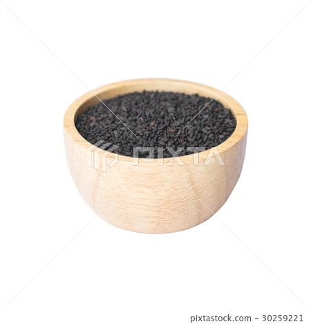 black sesame in wooden bowl on white background 30259221