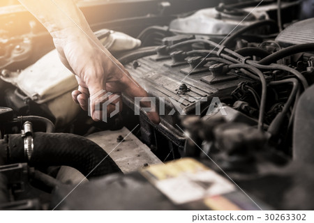 Close up of dirt on detail of old car engine 30263302