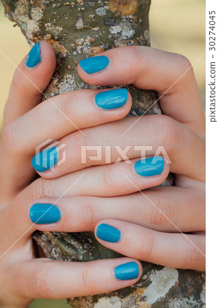Female fingers show a new blue manicure. Female fingers show a new blue manicure. 30274045
