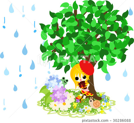 Cute girl who rains shelter under a tree and hydrangea 30286088