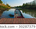 Wood table on landscape river  30287379