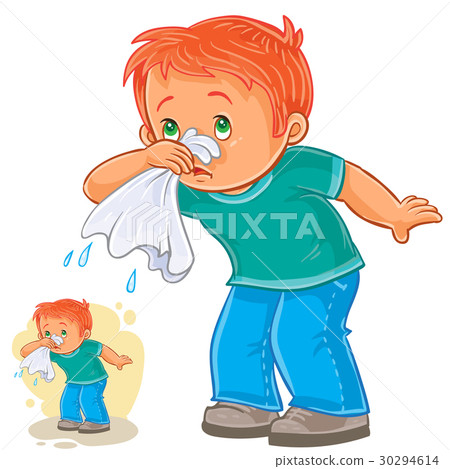 插图素材: sick little boy blowing his nose in a handkerchief