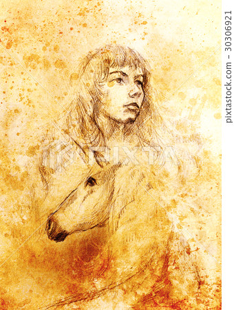 sketch of courageous young woman with unicorn on 30306921