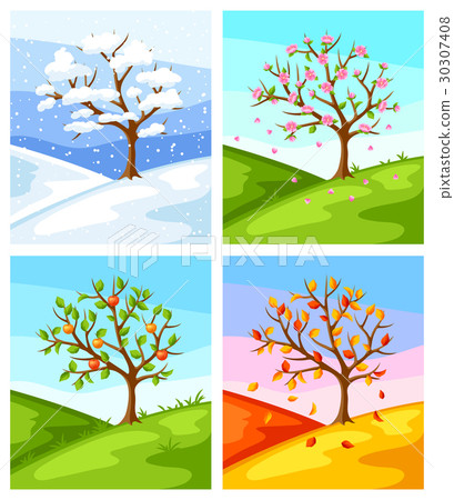 Four seasons. Illustration of tree and landscape-插圖素材[30307408