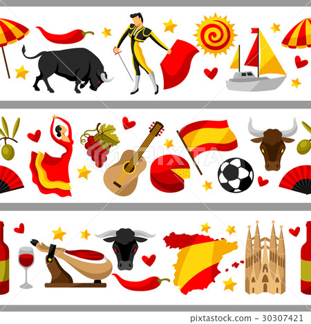 Spain seamless border. Spanish traditional symbols Spain seamless border. Spanish traditional symbols 30307421