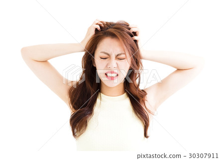 Woman stressed  going crazy and pulling her hair 30307911