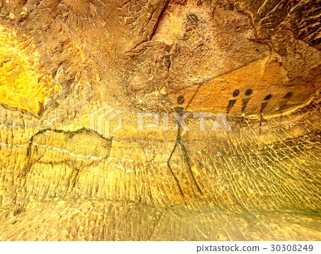 Buffalo hunting. Paint of humans on cave wall Buffalo hunting. Paint of humans on cave wall 30308249