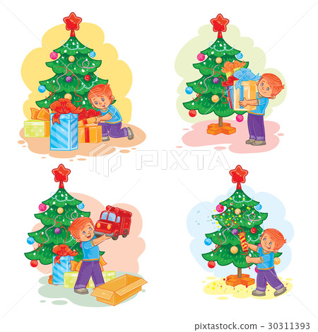 Set of icons little boy opening Christmas presents 30311393