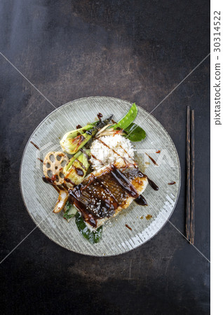 Coalfish with Vegetable and Rice on Plate 30314522