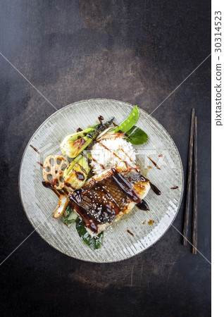 Coalfish with Vegetable and Rice on Plate 30314523