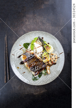 Japanese Coalfish with Vegetable and Rice on Plate 30314524