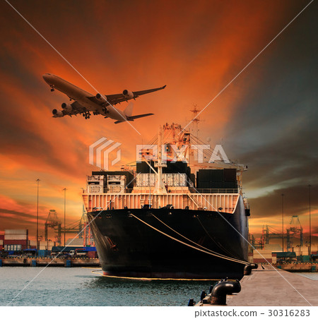 container ship in shipping port cargo plane flying 30316283