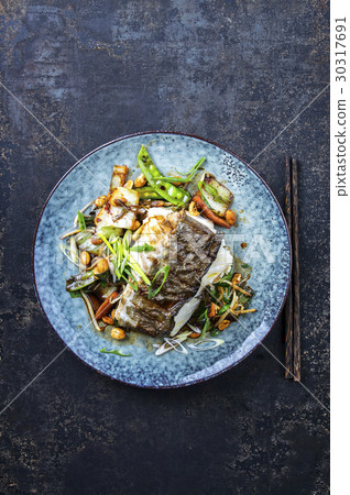 Halibut Filet with Thai Vegetable on Plate Halibut Filet with Thai Vegetable on Plate 30317691