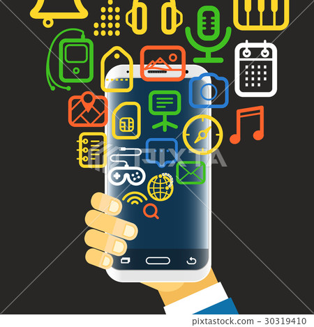 Man holding modern smartphone with color app icons Man holding modern smartphone with color app icons 30319410