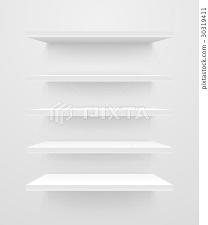 White empty shelves on white wall. Vector mockup White empty shelves on white wall. Vector mockup 30319411