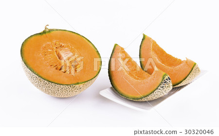 Slice of yellow watermelon isolated on a white bac 30320046