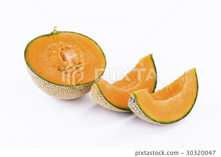 Slice of yellow watermelon isolated on a white bac 30320047