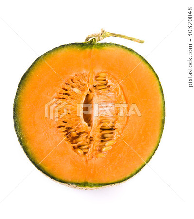 Slice of yellow watermelon isolated on a white bac 30320048