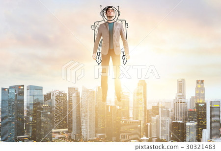 Business man hover over city skyline 30321483