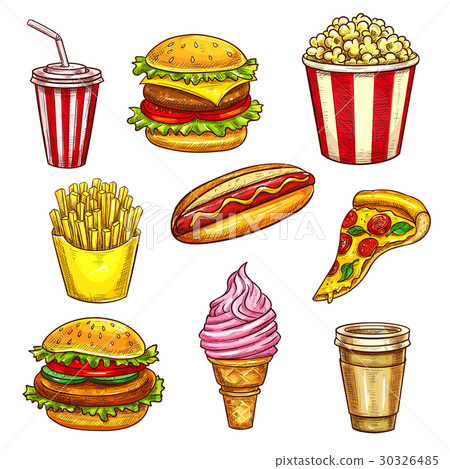 Fast food lunch takeaway dishes isolated sketch Fast food lunch takeaway dishes isolated sketch 30326485