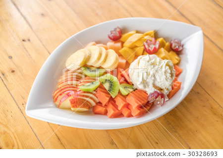 Fresh fruits ice cream on wood table . Fresh fruits ice cream on wood table . 30328693