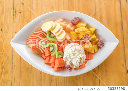 Fresh fruits ice cream on wood table . Fresh fruits ice cream on wood table . 30328698
