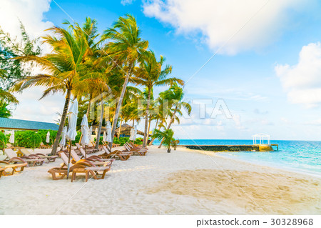 Beach chairs with umbrella at Maldives island, white sandy beach and sea . Beach chairs with umbrella at Maldives island, white sandy beach and sea . 30328968