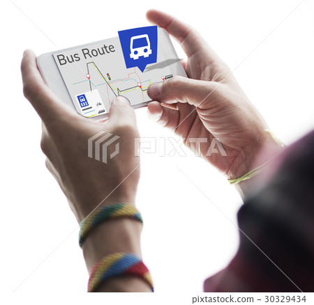 Hands working on digital device network graphic overlay 30329434