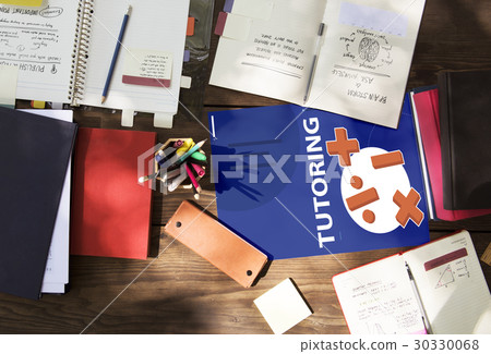 Aerial view of mathematics solution lessons on wooden table 30330068