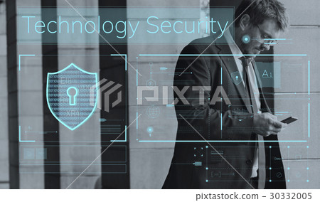 Businessman working on digital device network graphic overlay Businessman working on digital device network graphic overlay 30332005