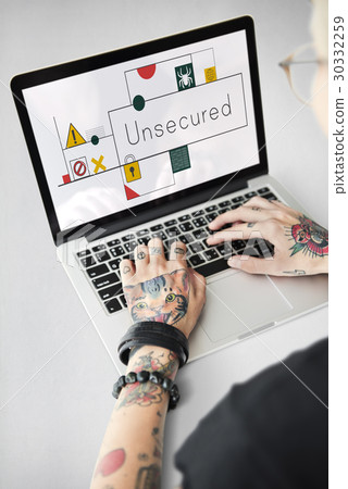 Hands working on laptop network graphic overlay 30332259