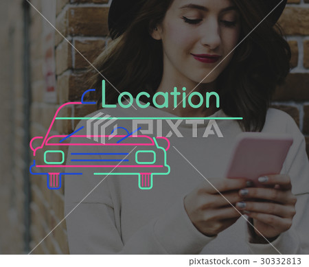 Woman Using Smart Phone Connection with Car Icon Woman Using Smart Phone Connection with Car Icon 30332813