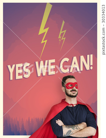 People with superhero custome and motivation word graphic 30334013