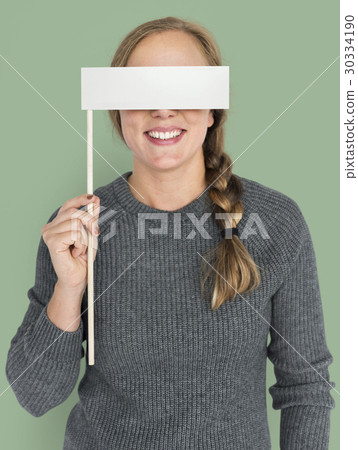 Caucasian Woman Holding Flag Covering Eyes Caucasian Woman Holding Flag Covering Eyes 30334190