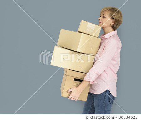 Senior Adult Woman Carrying Box Parcel Package Senior Adult Woman Carrying Box Parcel Package 30334625