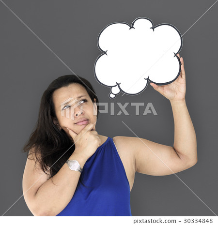 Woman Curious Thinking Bubble Copy Space Studio Portrait Woman Curious Thinking Bubble Copy Space Studio Portrait 30334848