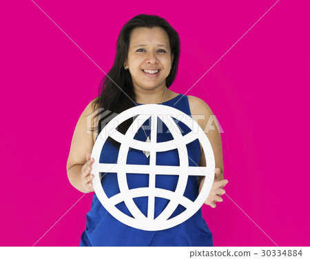 Black Hair Woman Holding Globe Number Studio Portrait Black Hair Woman Holding Globe Number Studio Portrait 30334884