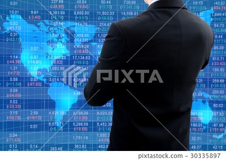 Businessman cross one's arm watching world economy Businessman cross one's arm watching world economy 30335897