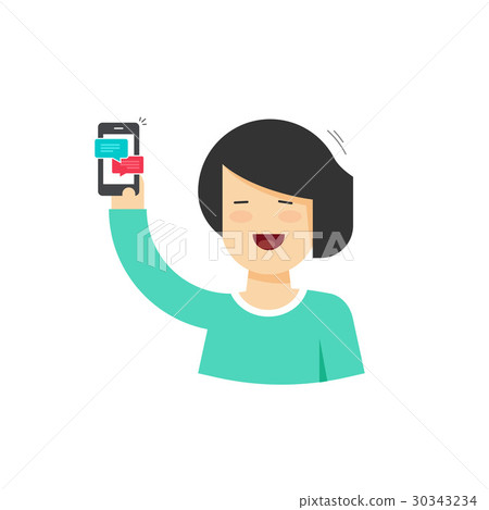 Cartoon happy woman holding smartphone with 30343234