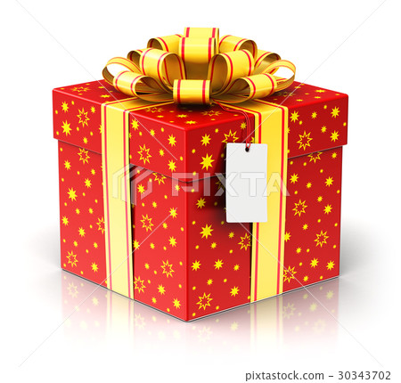 Gift or present box with ribbon bow and label tag 30343702