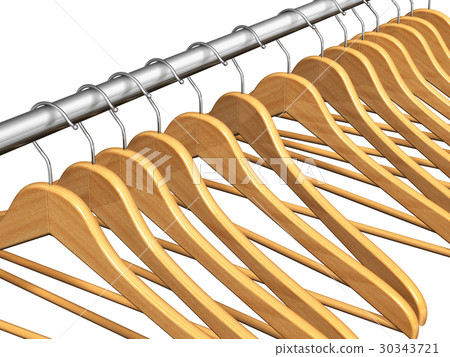 Wooden coat hangers on clothes rail 30343721