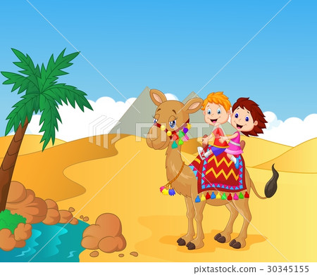 Happy kids riding camel 30345155