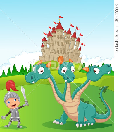 Cartoon knight with three headed dragon 30345558